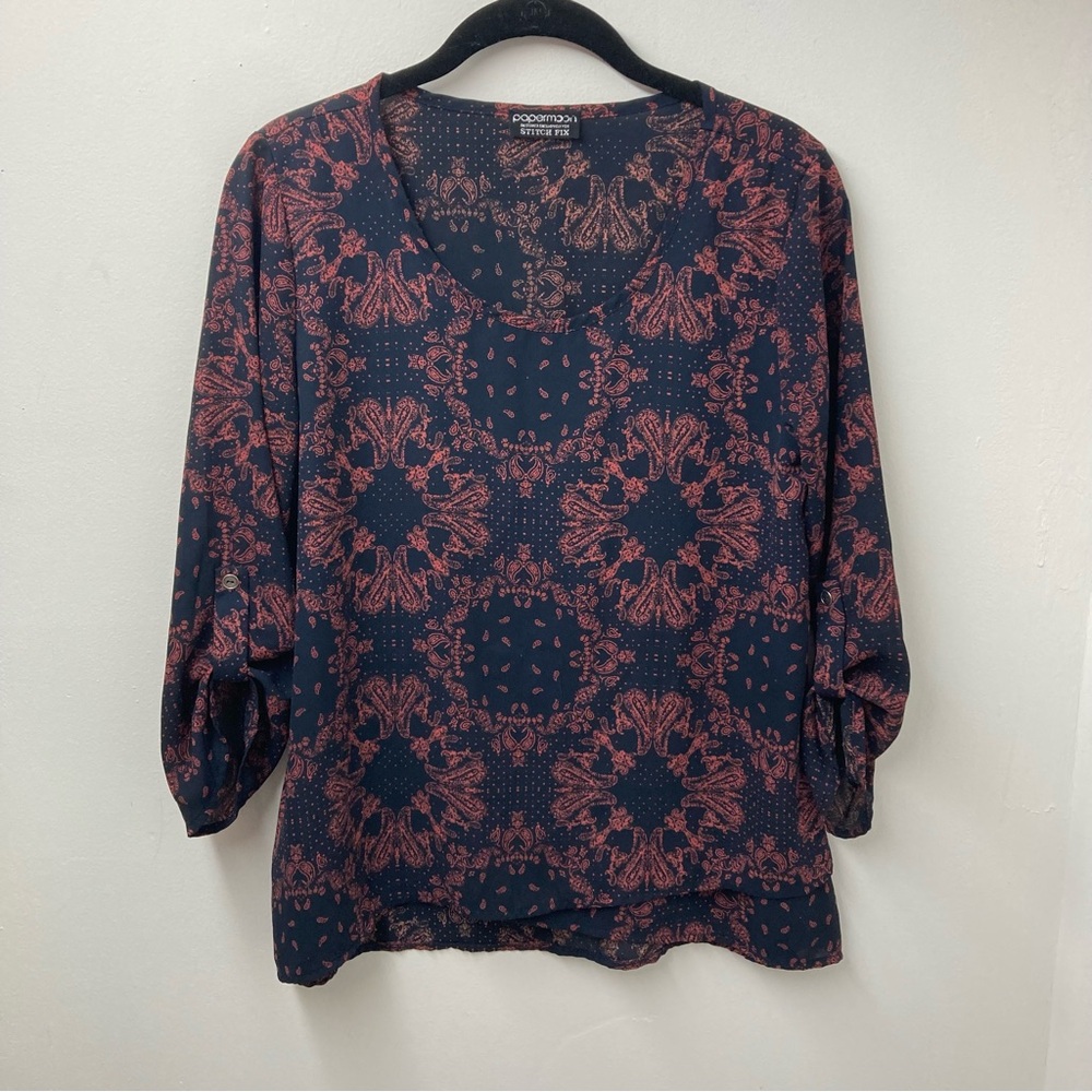 Papermoon Paisley Print Blouse Black Pullover Tab Sleeve Womens Size XS